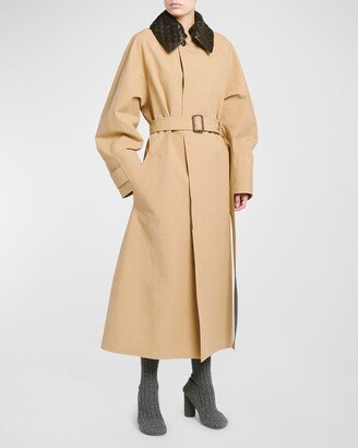 Waterproof Cotton Belted Trench Coat with Leather Collar