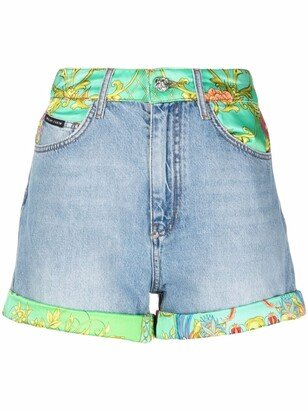 New Baroque-print panelled denim shorts