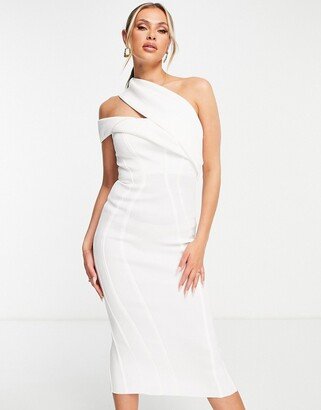 seamed one shoulder pencil midi dress in ivory