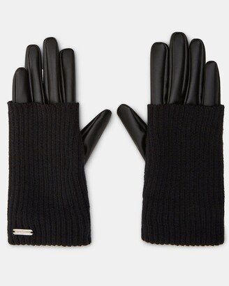 Faux Leather Knit Cuff Gloves Black