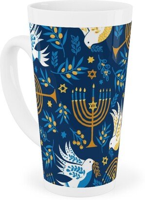 Mugs: Hanukkah Birds And Menorahs - Dark Blue Tall Latte Mug, 17Oz, Blue