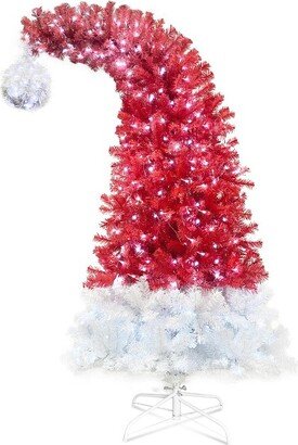 6FT Hinged Artificial Fir Christmas Tree, Bendable Santa Hat Style with 1250 Lush Branch Tips, 300 LED Lights, Red