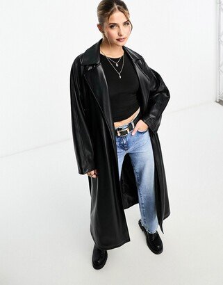 faux leather trench coat in black