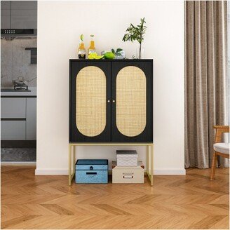 Arina Natural Rattan 2 Door High Black Accent Cabinet with Adjustable Shelf - The Pop Maison