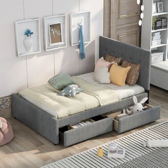 RASOO Gray Linen Bed with Headboard, 2 Drawers, Solid Wood Frame-AA