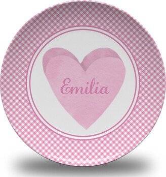 Personalized Pink Heart Valentine Gingham Plate - Microwave Safe Conversation Hearts