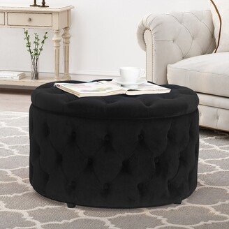 Adeco Round Velvet Storage Ottoman Button Tufted Footrest Coffee Table