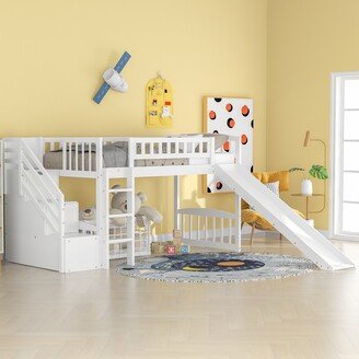 Sunmory Stairway Twin Size Loft Bed with Two Drawers and Slide