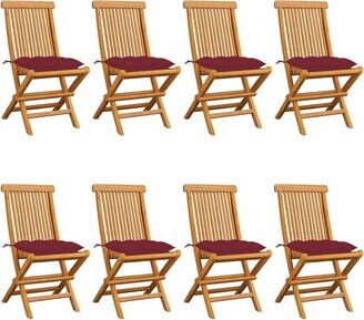 Patio Chairs with Wine Red Cushions 8 pcs Solid Teak Wood - 24.4'' x 22.2'' x 37''