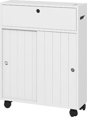 kleankin Small Bathroom Storage Cabinet on Wheels, Slim Toilet Paper Cabinet with 2 Holes, Sliding Doors and Adjustable Shelf, White