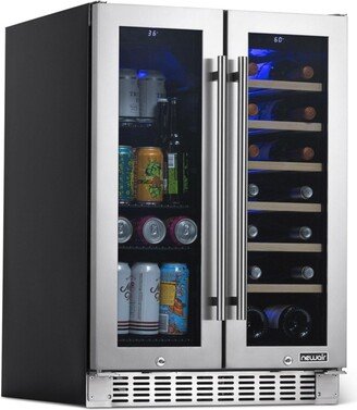 24 Premium Built-in Dual Zone 18 Bottle and 58 Can French Door Wine and Beverage Fridge in Stainless Steel with Split Shelf and Beech Wood She