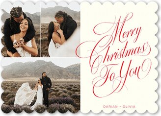 Holiday Cards: Classic Flourish Script Holiday Card, Beige, 5X7, Christmas, Pearl Shimmer Cardstock, Scallop