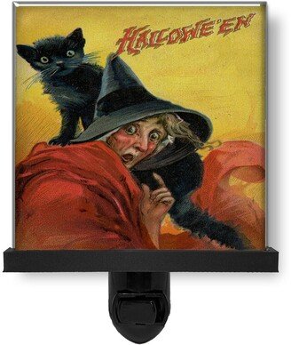 Halloween Surprised Witch With Black Cat Vintage Style Glass Photo Night Light, Decorative Lights