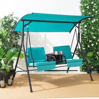 2-Person Canopy Porch Swing Padded Chair Cooler Bag Rotatable Tray Turquoise