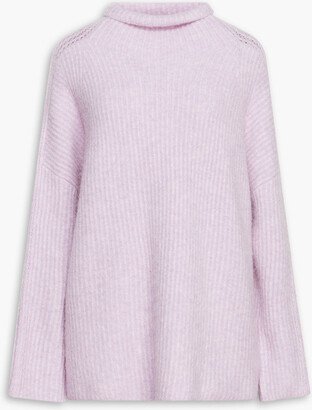 Pointelle-trimmed ribbed-knit turtleneck sweater