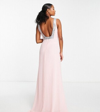 TFNC Petite square back embellished maxi dress in light pink