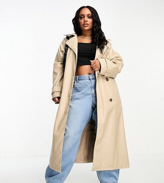 ASOS DESIGN Curve faux leather trench coat in stone