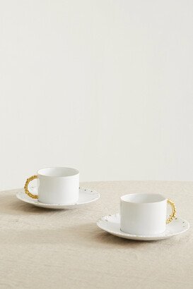 Haas Brothers Mojave Set Of Two Gold-plated Porcelain Tea Cups And Saucers - White