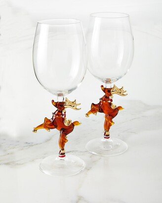 Christmas Reindeer 16 oz. Wine Glasses, Set of 2