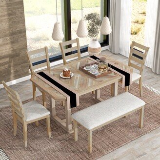 EYIW 6-Piece Wood Dining Table Set with 4 Upholstered Chairs and a Bench