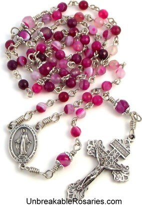 Miraculous Medal Rosary Beads in Striped Rose Agate Pardon Crucifix By Unbreakable Rosaries