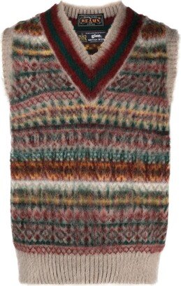 Neutral Fair Isle Intarsia-Knit Knitted Vest