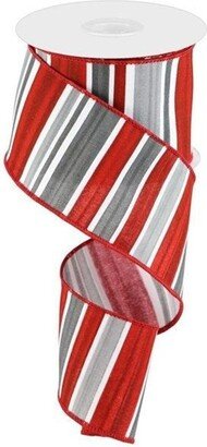 Multi Width Horizontal Stripe White/Grey/Red Wired Ribbon, 2.5