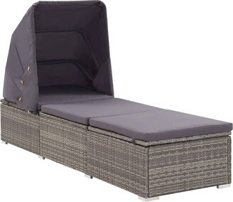 Sun Lounger with Canopy and Cushion Poly Rattan Gray