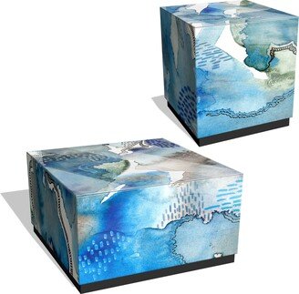 Subtle Blues I & II by Regina Moore Reverse Printed Beveled Art Glass Cocktail Table with Black Plinth Base Set of 2