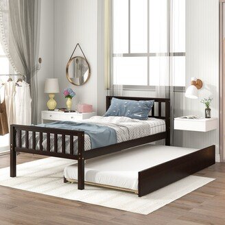 EYIW Twin Size Pine Wood Platform Bed with Twin Size Trundle Bed, Slat Design Headboard and Footboard-AA