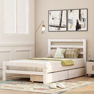 EYIW Twin Size Solid Pine Wood Platform Bed with 2 Storage Drawers and Headboard