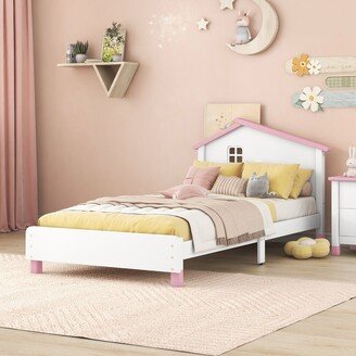 GEROJO White+Pink Twin Size Wood Platform Bed with House-shaped Headboard, Sturdy Pine Wood Construction, Easy Assembly