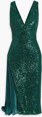 Satin-paneled sequined tulle dress