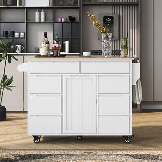 Calnod Kitchen Cart with Rubber Wood Countertop, Kitchen Island has 8 Handle-Free Drawers Including a Flatware Organizer and 5 Wheels