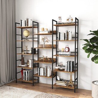 Aoolive Triple Wide 5-Shelf Bookshelves, Industrial Style Large Open Bookcase, Home Office Display Shelf Living Room Plant Stand