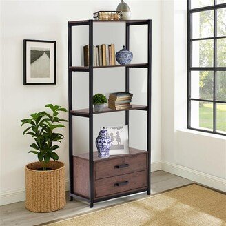 Industrial Brown 4-Tier Standing Bookshelf with Two Drawers