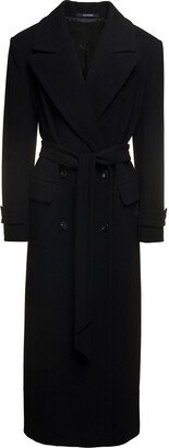 'julia' Long Black Double-breasted Coat With Matching Belt In Wool And Cashmere Woman