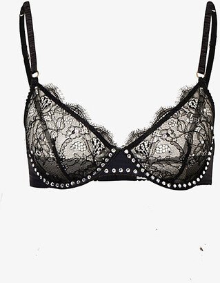 Womens Black Romeo Floral-embroidered Stretch Recycled-polyamide bra