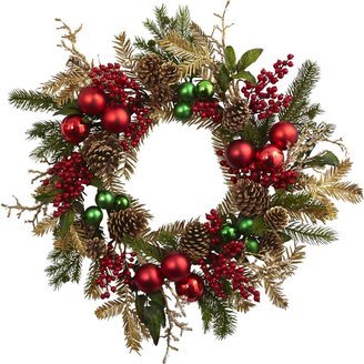 Red and Gold-tone Plastic 24-inch Ornament, Pine, and Pinecone Wreath