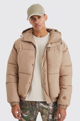 Mens Beige Oversized Hooded Popper Puffer