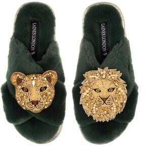 Laines London Classic Laines Slippers With Artisan Golden Lion & Lioness Brooches - Green