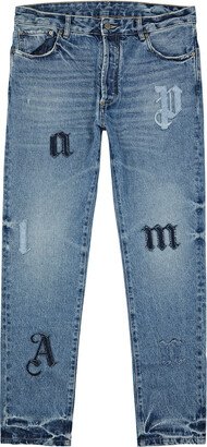 Logo-appliquéd Distressed Slim-leg Jeans-AA