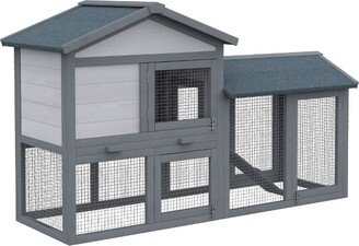 Rabbit Hutch Indoor, Wooden Bunny Hutch, Guinea Pig Cage, Small Animal Enclosure with Run Area, Removable No Leaking Tray and Ramp, Gray