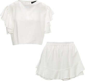 Bluzat White Set With Ruffled T-Shirt And Pants With Skirt