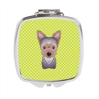 BB1294SCM Checkerboard Lime Green Yorkie Puppy Compact Mirror, 2.75 x 3 x .3 In.