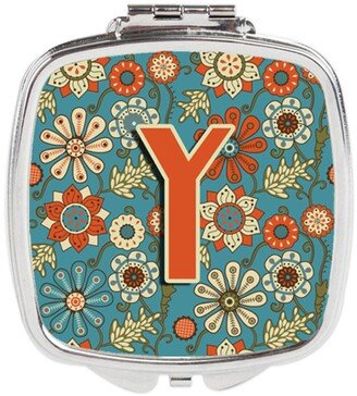 CJ2012-YSCM Letter Y Flowers Retro Blue Compact Mirror