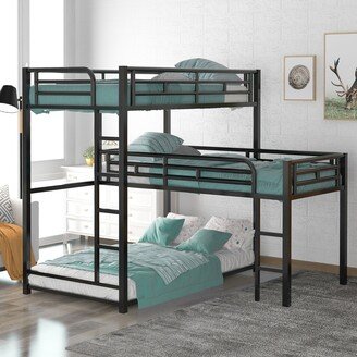 Calnod Modern Industrial L-shaped Metal Triple Twin Size Black Bunk Bed with Sturdy Metal Frame and Integrated Ladder for Bedroom