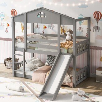 Calnod Twin Over Twin Size House Bunk Bed with Convertible Slide and Ladder, Wood Bed Converts into 2 Separate Platform Beds, Gray