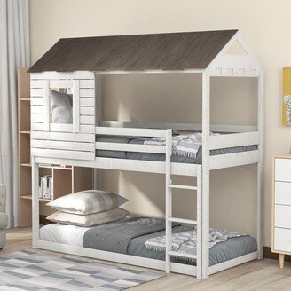 TOSWIN Playhouse Inspired Twin over Twin Bunk Bed, Wood Loft Bed with Roof, Window, Guardrail and Ladder, Sturdy Frame for Bedroom