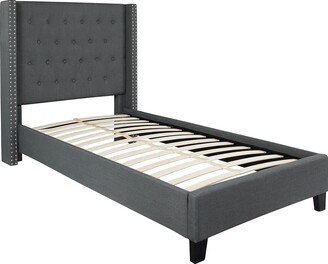 Conway Twin Size Dark Grey Wingback Button Tufted Platform Bed with Nailhead Trim